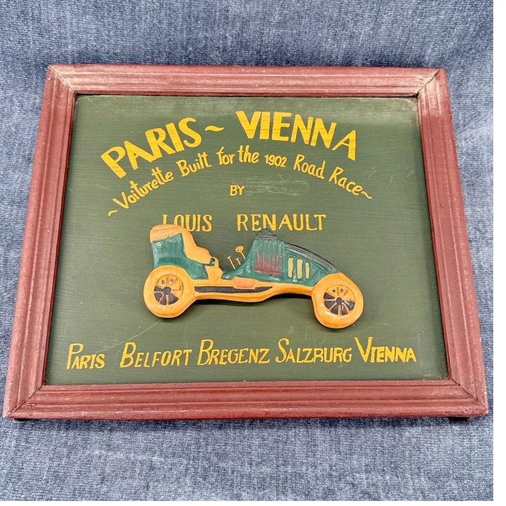 Paris Vienna Louis Renault Wood Wall Plaque 1902 Road Race Car Decor Sign